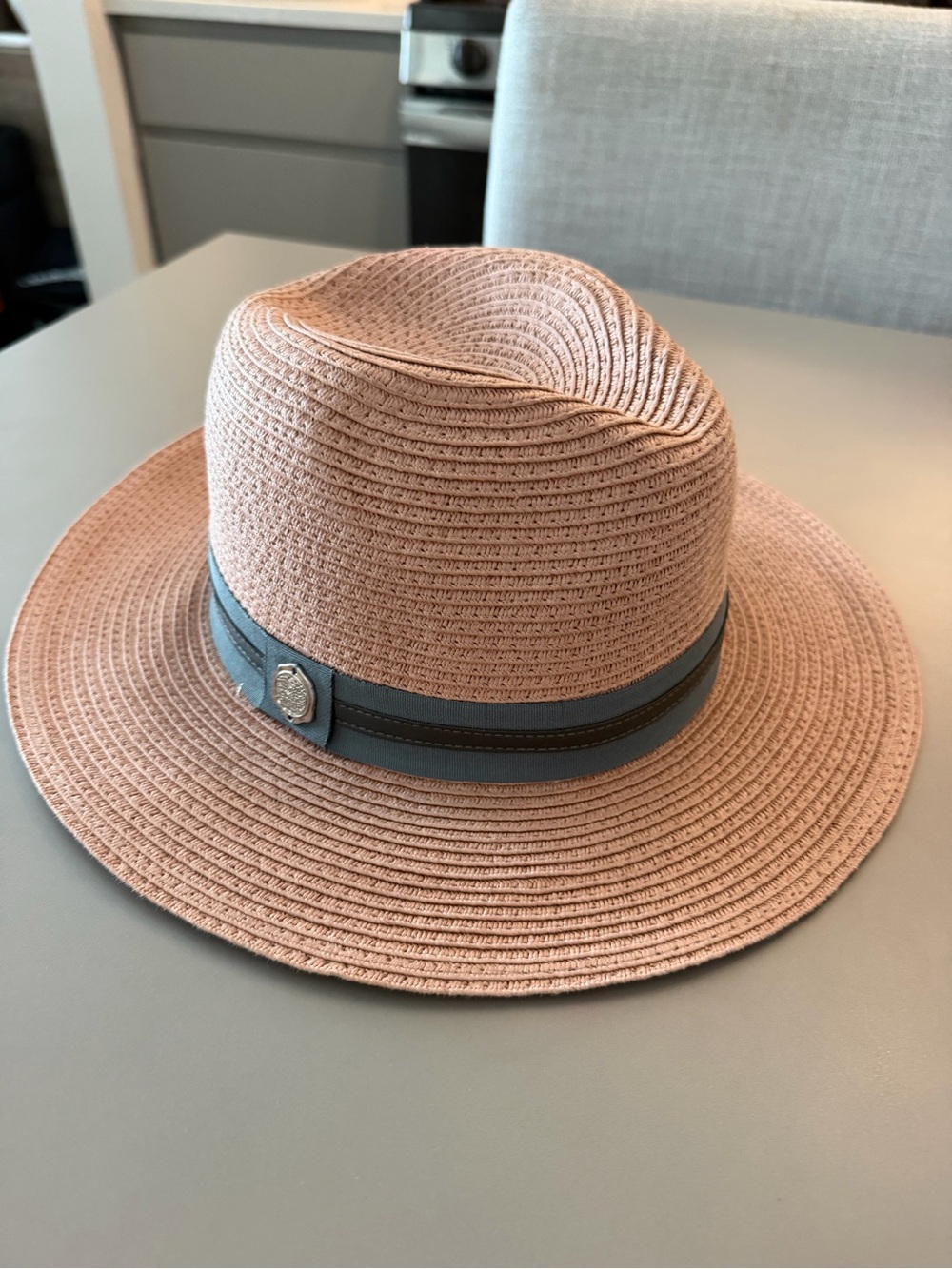 Vince Camuto Blush Pink Straw Fedora with Gray Band